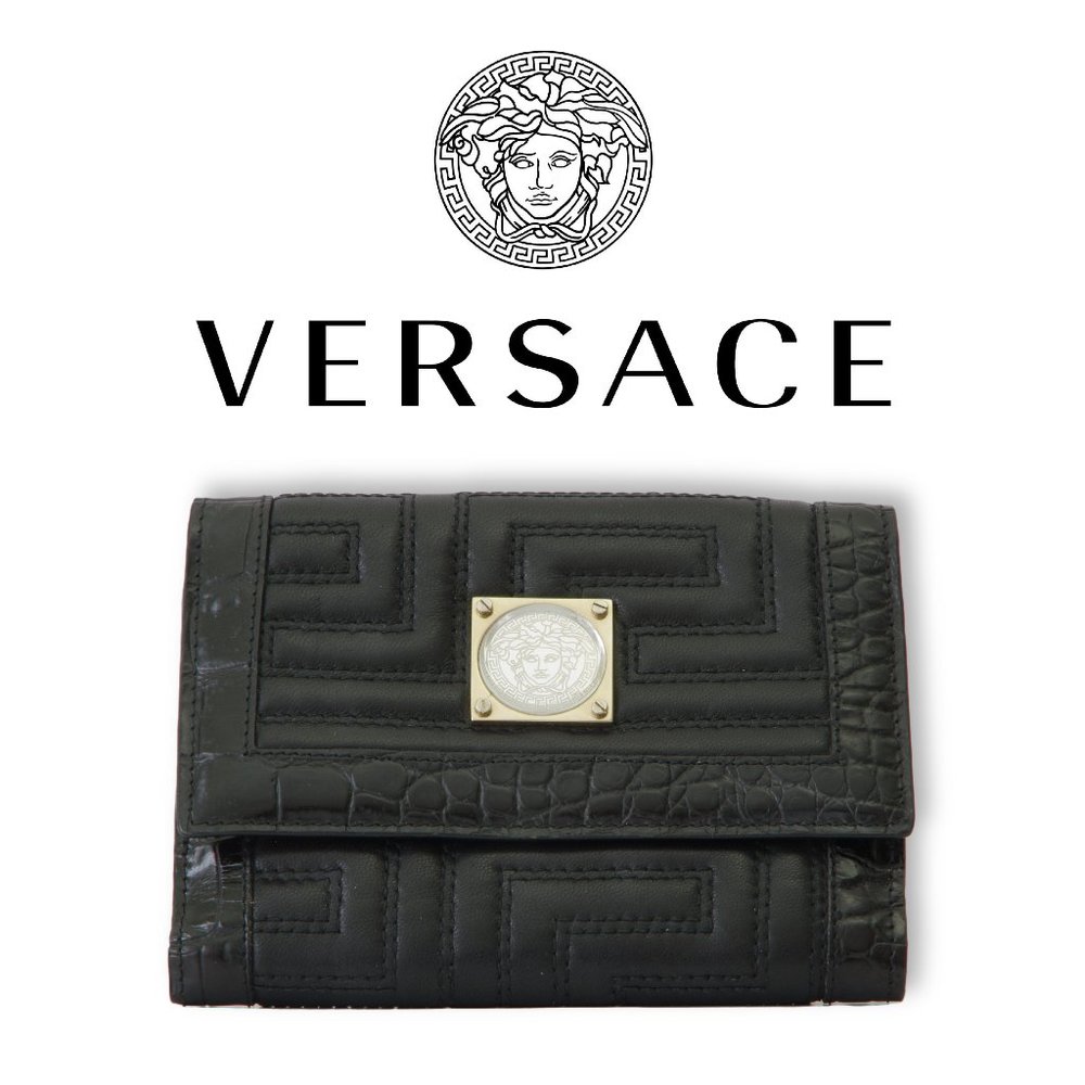 Authentic Versace Genuine Black Leather Trifold Wallet with Medusa Medallion - Picture 1 of 12